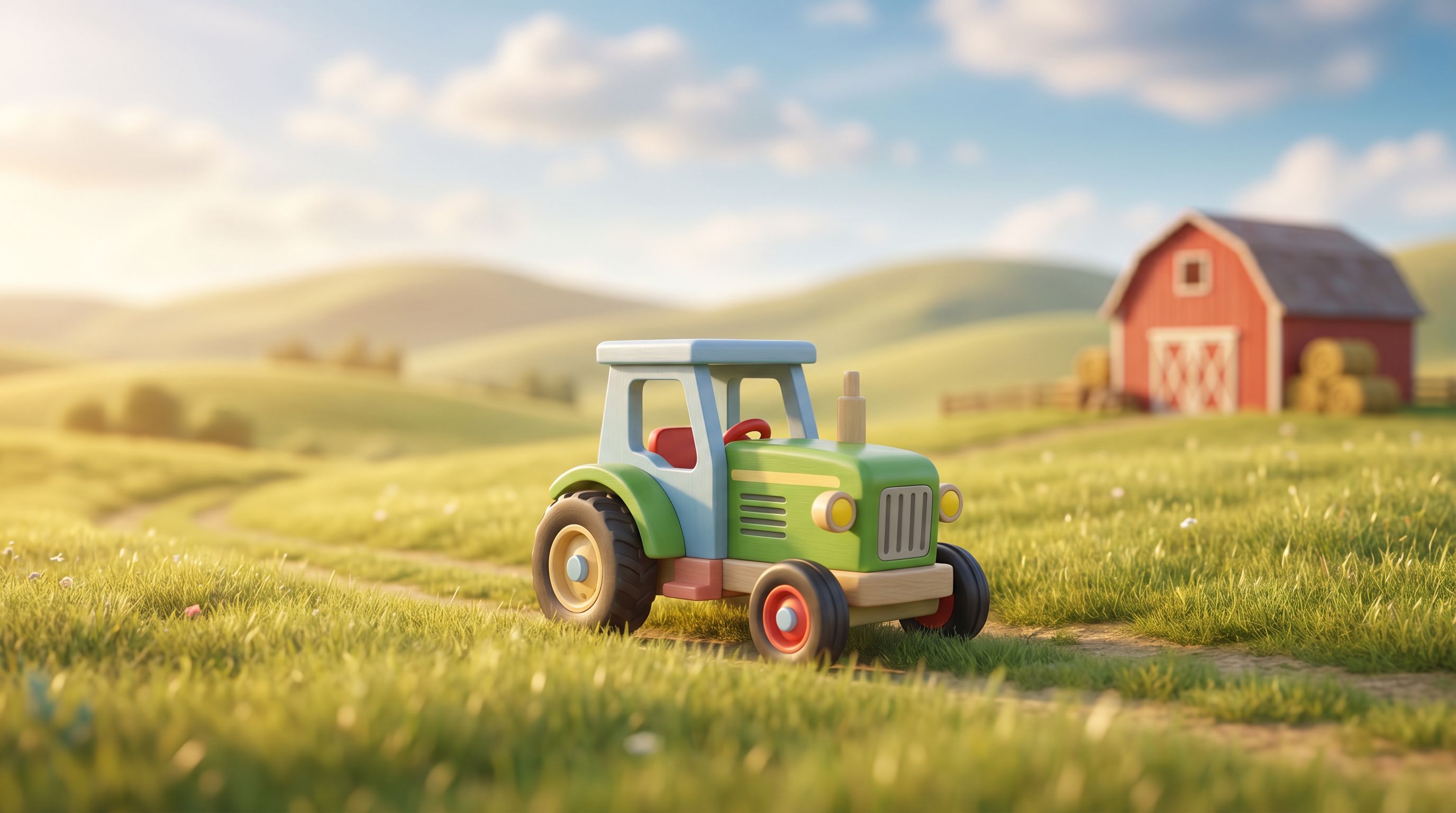 Scène de campagne illustrée : un tracteur-jouet dans les champs vallonnés sous un ciel doux